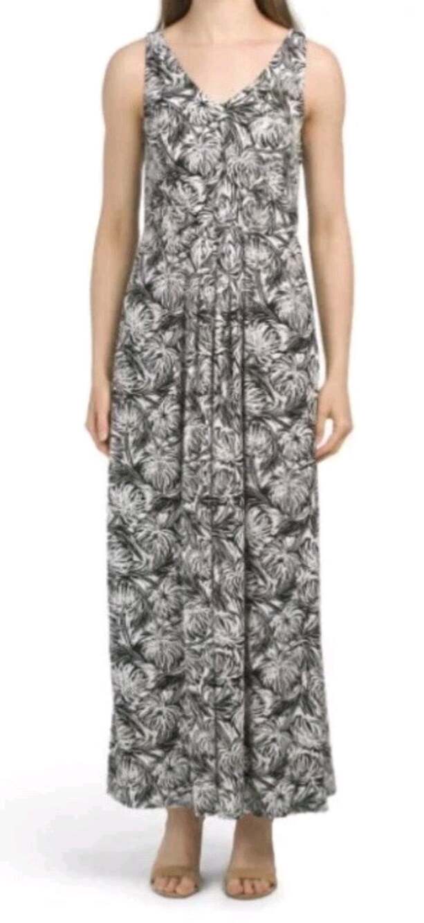 Nicole Miller black and white tropical print pleated maxi dress Size L Retro